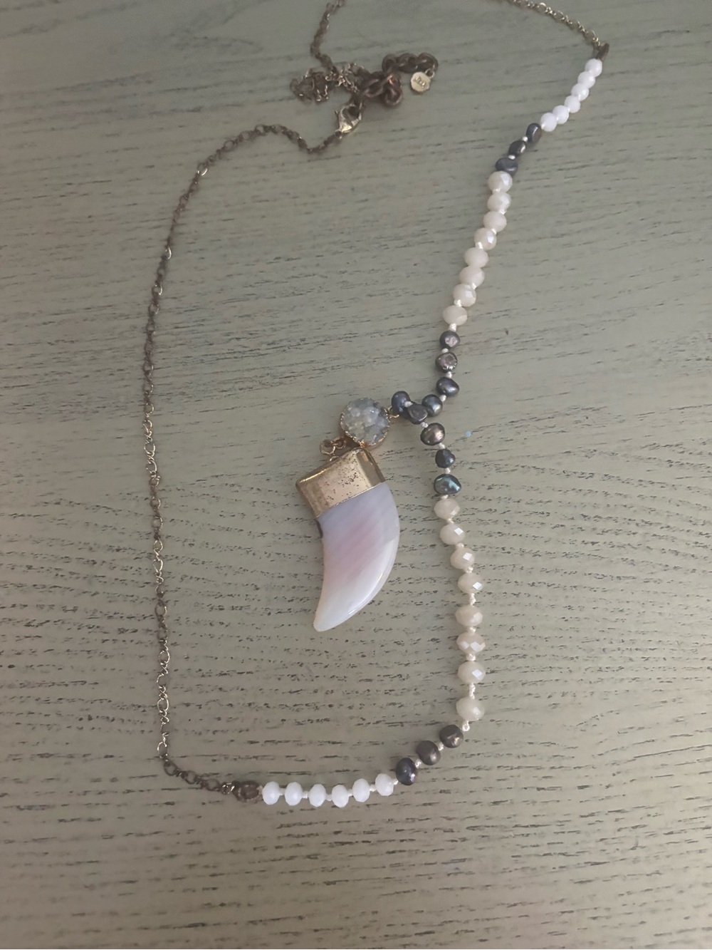 Handmade Long mixed-media bohemian necklace stone crystal horn (or tusk) pendant